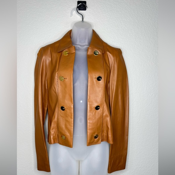 Escada Lambskin Leather Blazer Jacket Size US 4 Fitted Gold Button Camel - Picture 1 of 7